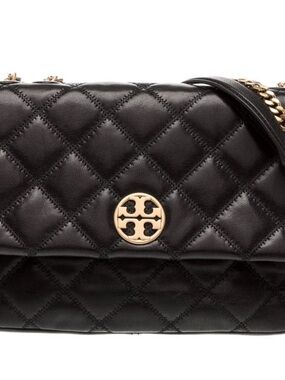 Tory Burch Black Quilted Leather Crossbody with Gold Logo